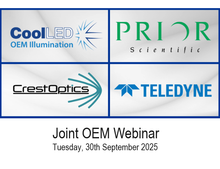 A grey box with logos from CoolLED, Prior, CrestOptics and Teledyne announcing a webinar.