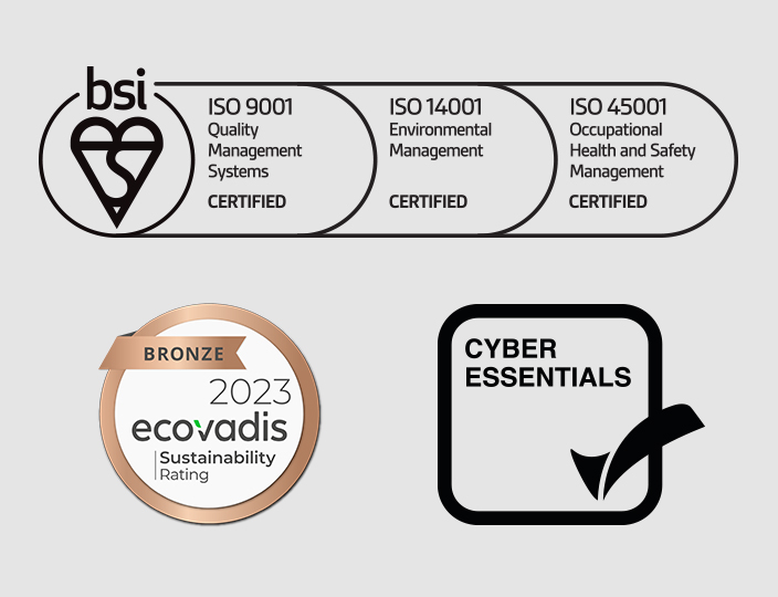 BSI, Ecovadis and Cyber Essentials logos