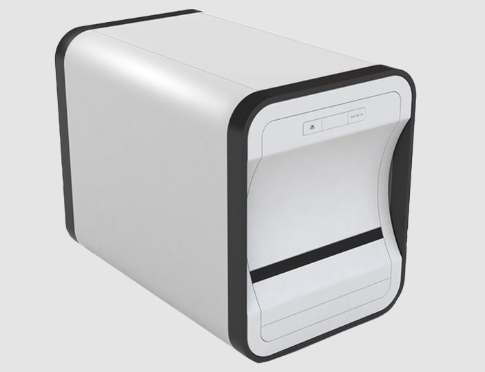 A white and black desktop instrument for rapid, automatic digital imaging of multiple  microscope sample slides.
