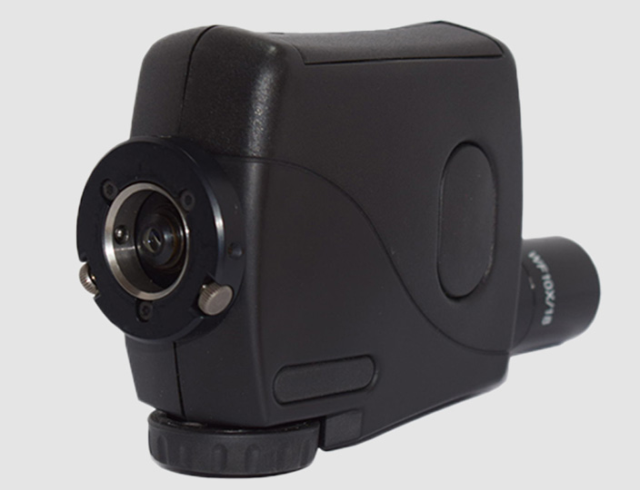 A black hand-held microscope designed for inspecting fiber optic connections. 