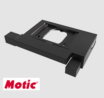 H100A compact motorized microscope stage compatible with Motic microscopes.