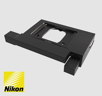 H100A compact motorized microscope stage compatible with Nikon microscopes.