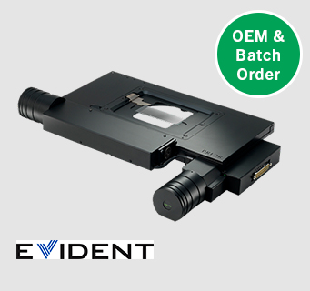 H101A stepper motor XY stage for upright microscopes with Evident logo and OEM/batch order flash.