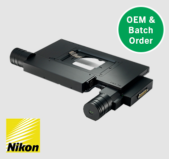 H101A stepper motor XY stage for upright microscopes with Nikon logo and OEM/batch order flash.