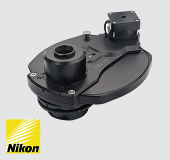 HF108B high-speed ultra-thin filter wheel for fluorescence microscopy. Compatible with Nikon microscopes.