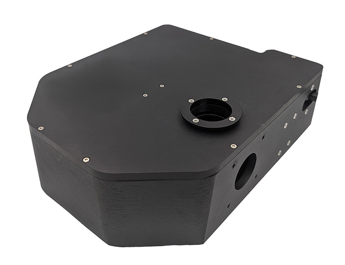Three quarters view of the Prior motorized filter cube turret for multi-colour fluorescence imaging.