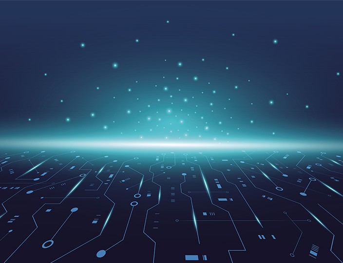 A dark blue background with stylised electronic circuit tracks vanishing towards a horizon.