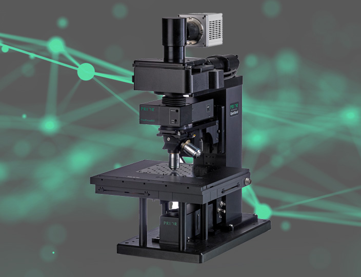 Prior Scientific OpenStand-U upright modular microscope on an abstract green and grey background.