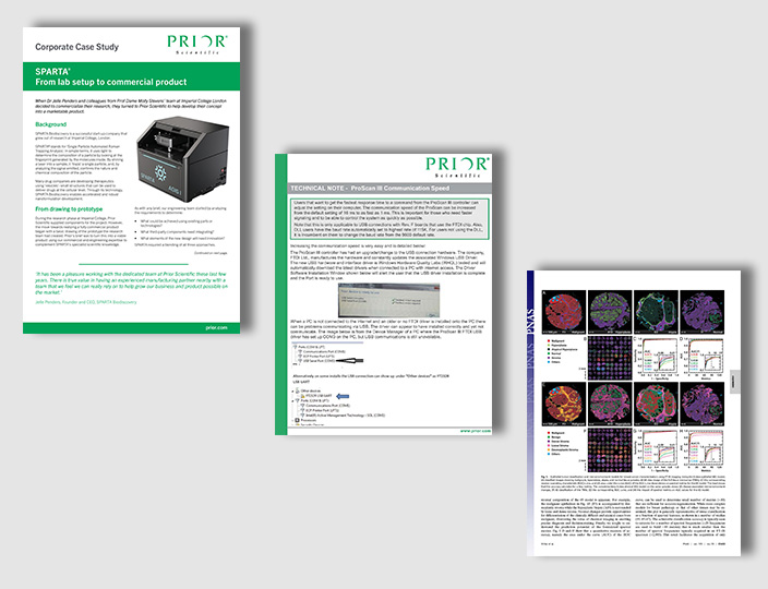 Three example pages of application notes for projects Prior has worked on with customers.