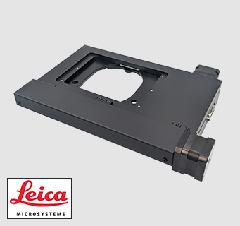 OptiScan ES111 stepper motor XY stage with Leica logo on a grey background.