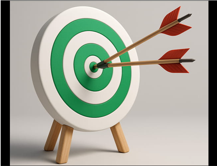 A green and white archery target with two arrows in the bulleye.